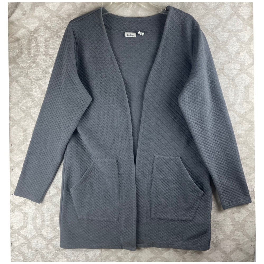 LL Bean Quilted Cardigan Women Medium Gray Open Front Pocket Knit Jacket 513197